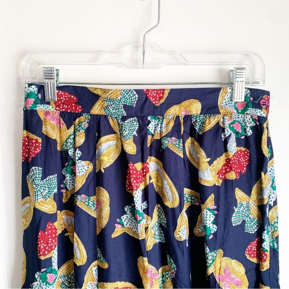 Vintage Susan Bristol Navy Straw Hat Print Pleated Midi Skirt Grandmacore 12 - Picture 3 of 9